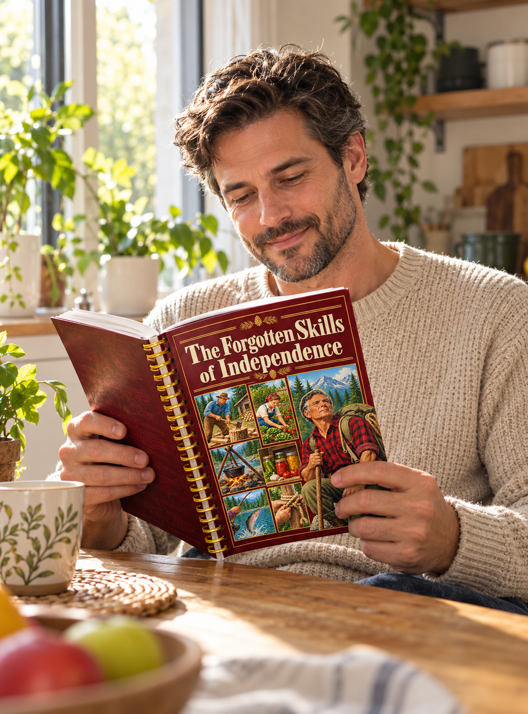 Man reading The Forgotten Skills of Independence in a kitchen