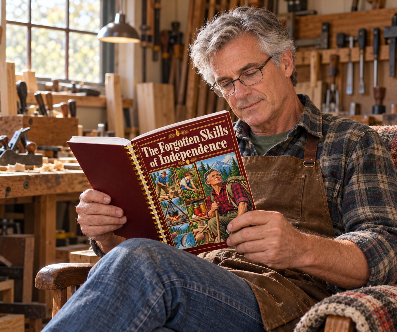 Man reading The Forgotten Skills of Independence in a workshop