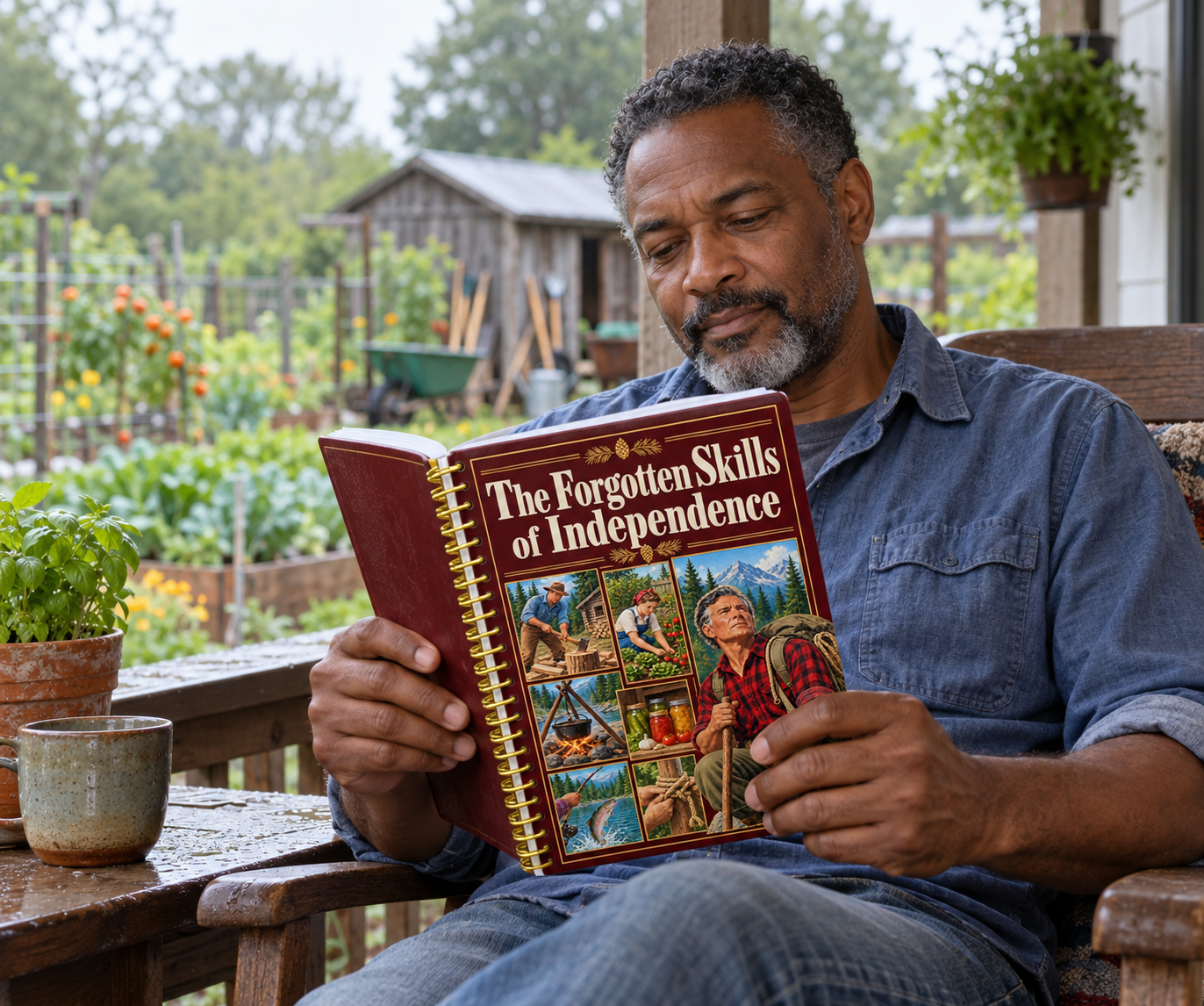 Man reading The Forgotten Skills of Independence on a porch