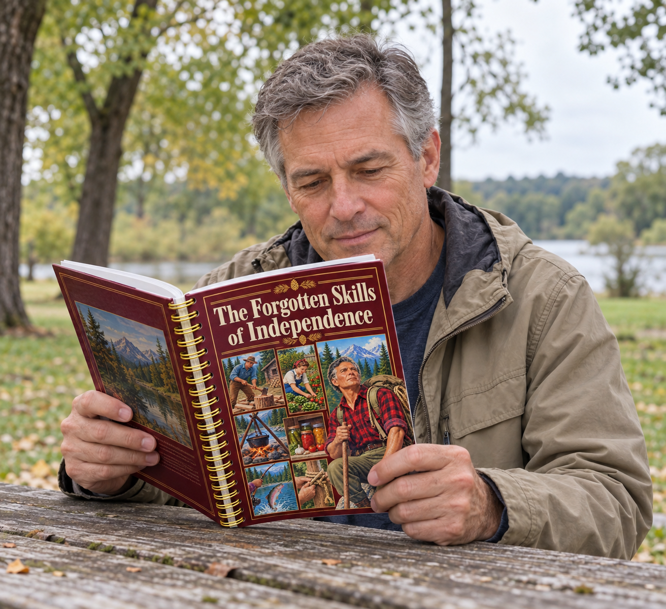 Man reading The Forgotten Skills of Independence outdoors in a park
